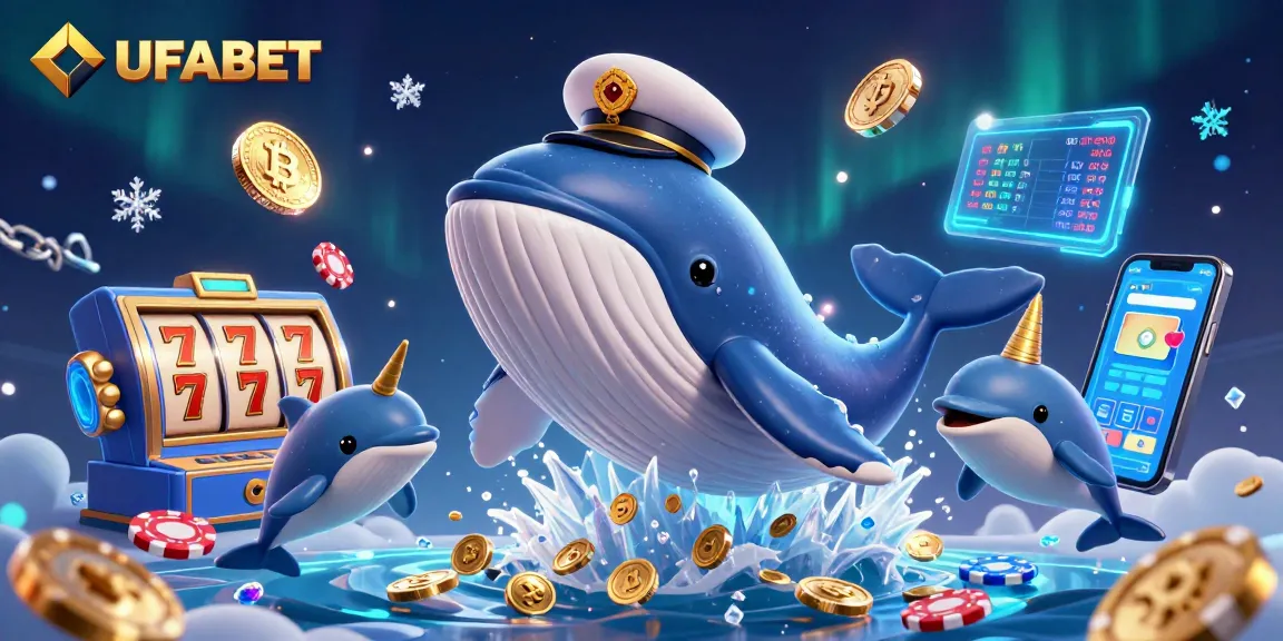 Experience exciting gaming at UFABET, featuring a whale, narwhal, and dolphins with vibrant slot elements.