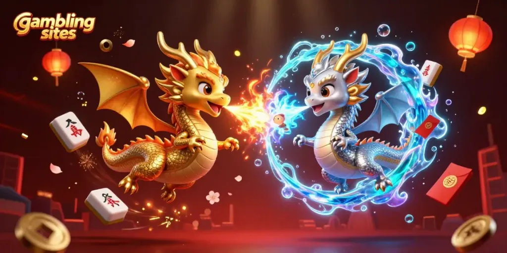 Experience thrilling gambling sites with dynamic dragons amid vibrant casino symbols.