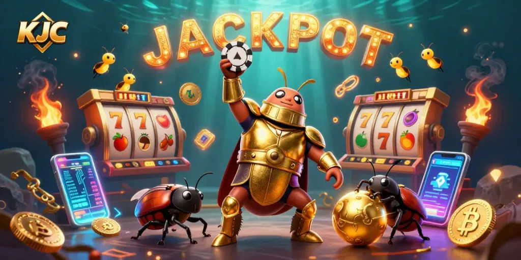 KJC hercules beetle celebrating a casino jackpot victory, surrounded by fruits and crypto coins.