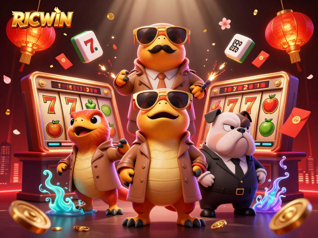 RICWIN showcases three raptors in a trench coat at a VIP casino lounge with dynamic gaming elements.