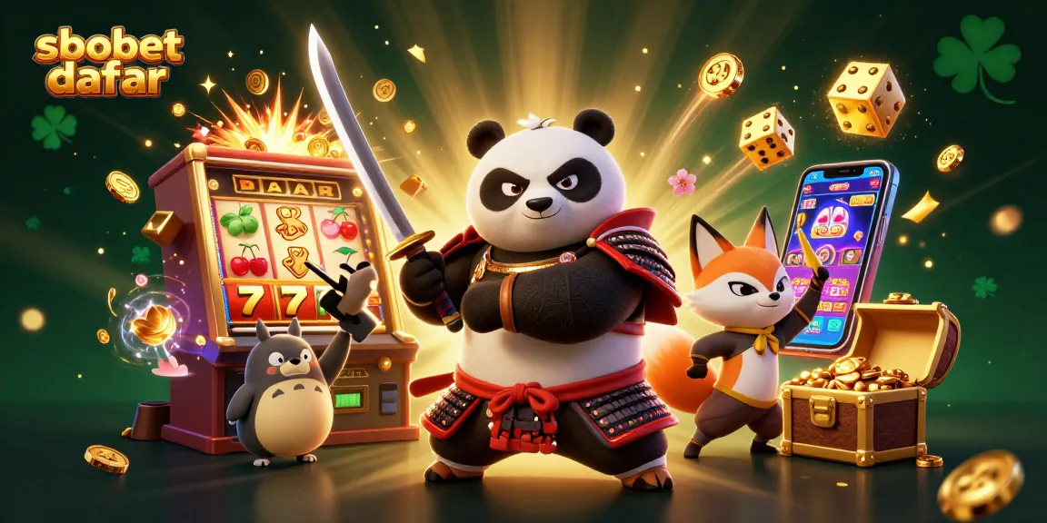 Experience explosive wins with sbobet daftar featuring a samurai panda, ninja fox, and magical tanuki in a vibrant casino setting.