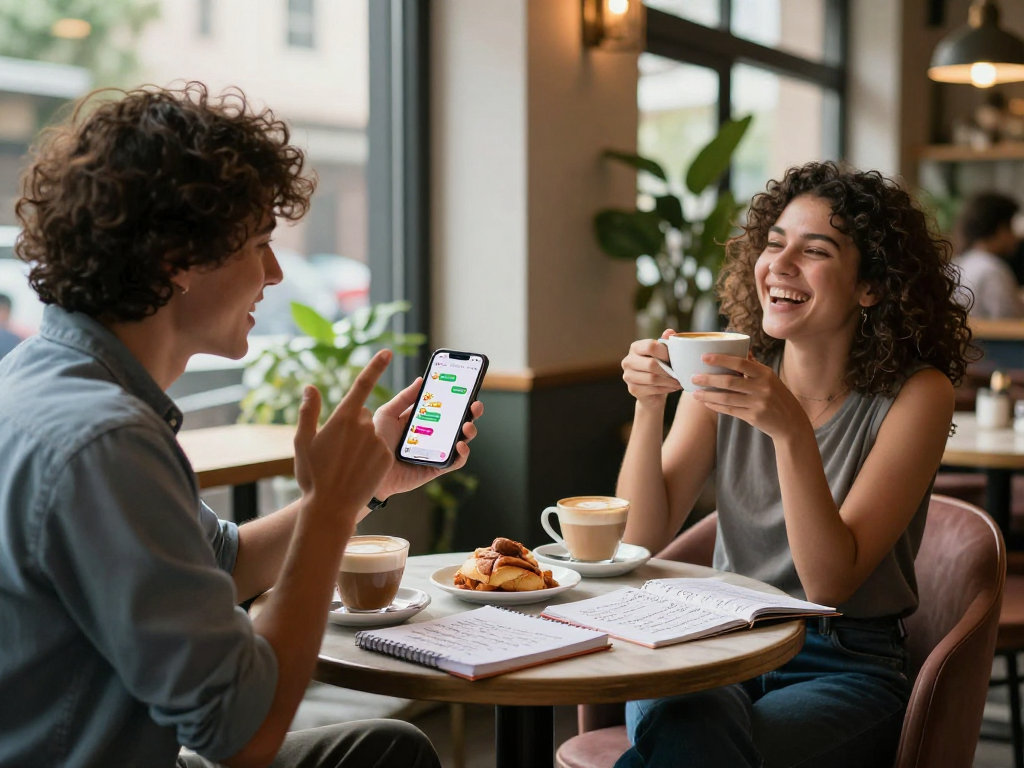 Friends engaging in spicy chat discussions at a café, showcasing a smartphone and lively interactions.